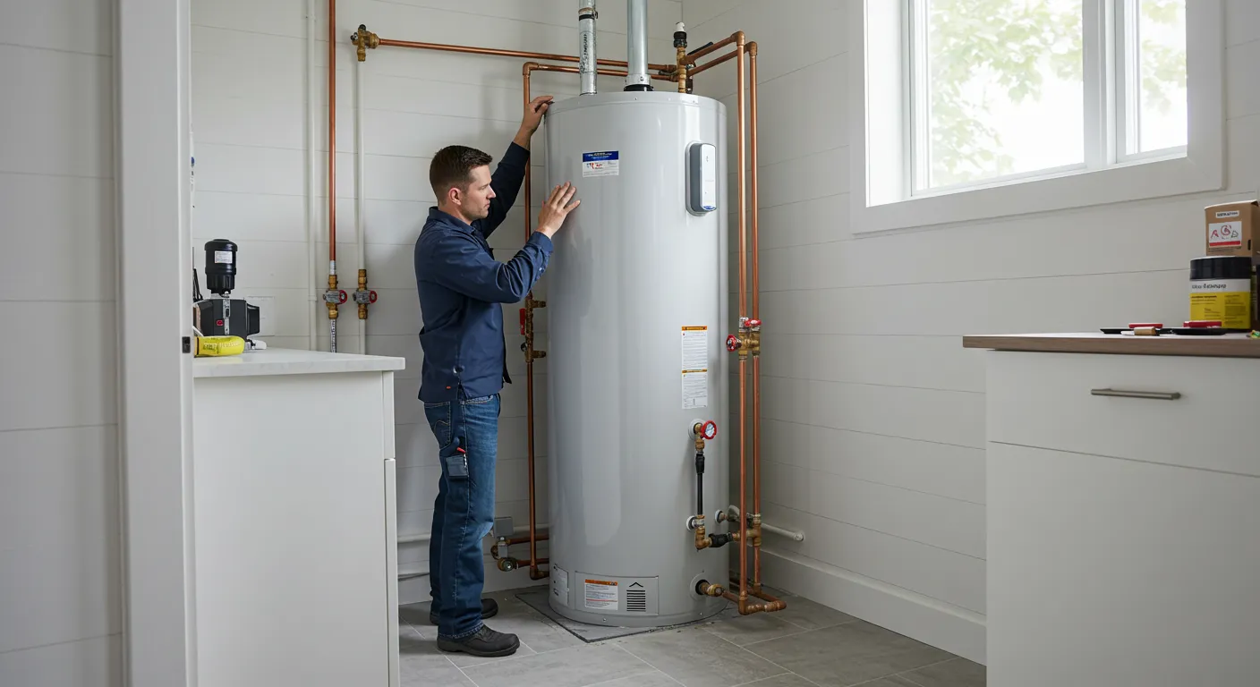 Tech installing a water heater in a clean utility closet